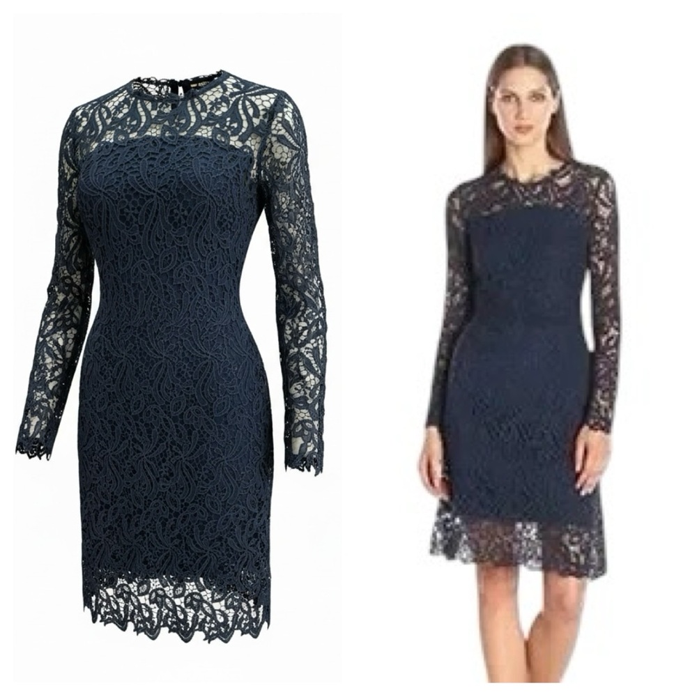 Elie Tahari Priscila Lace Sheath Dress Navy Long Sleeve Illusion Sz 6 Cocktail